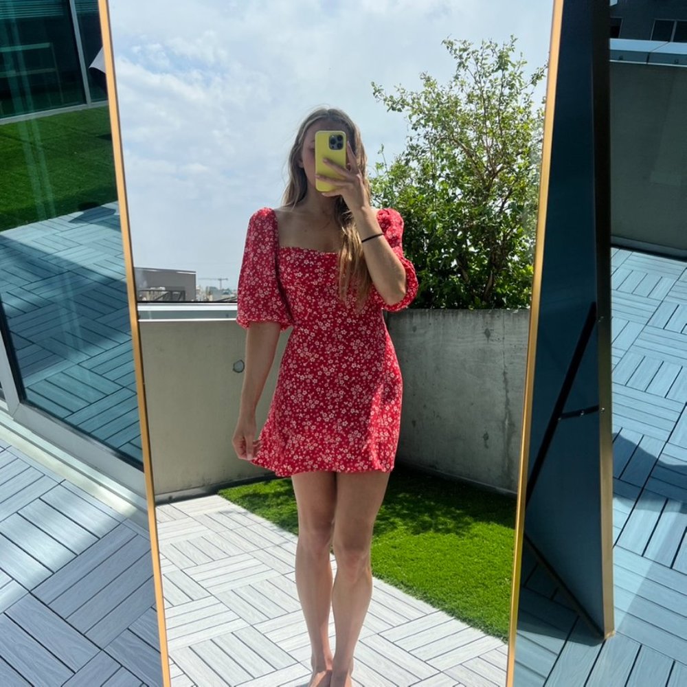 Reformation Kopa Sweetheart Neck Minidress in Merci, red and floral